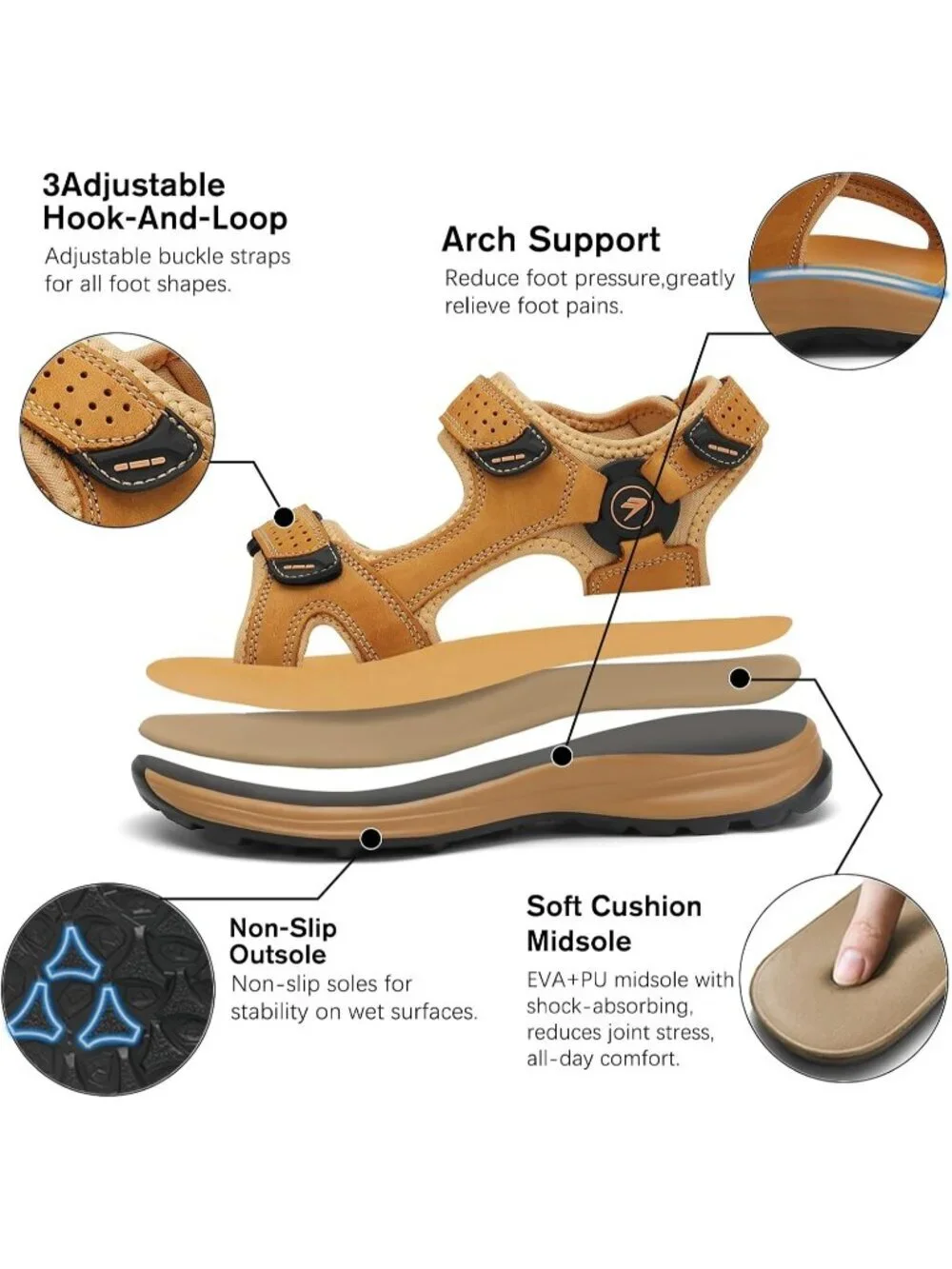 Mens Yellow Adjustable Strap Open Toe Leather Athletic Sport Hiking Sandal Shoes